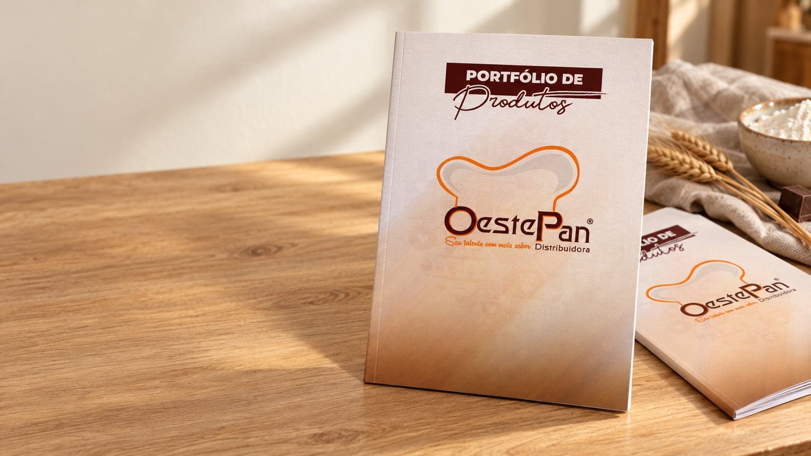 Catálogo Portfólio de Produtos da OestePan impresso, em pé sobre uma bancada de madeira, com trigo, farinha e chocolate ao lado