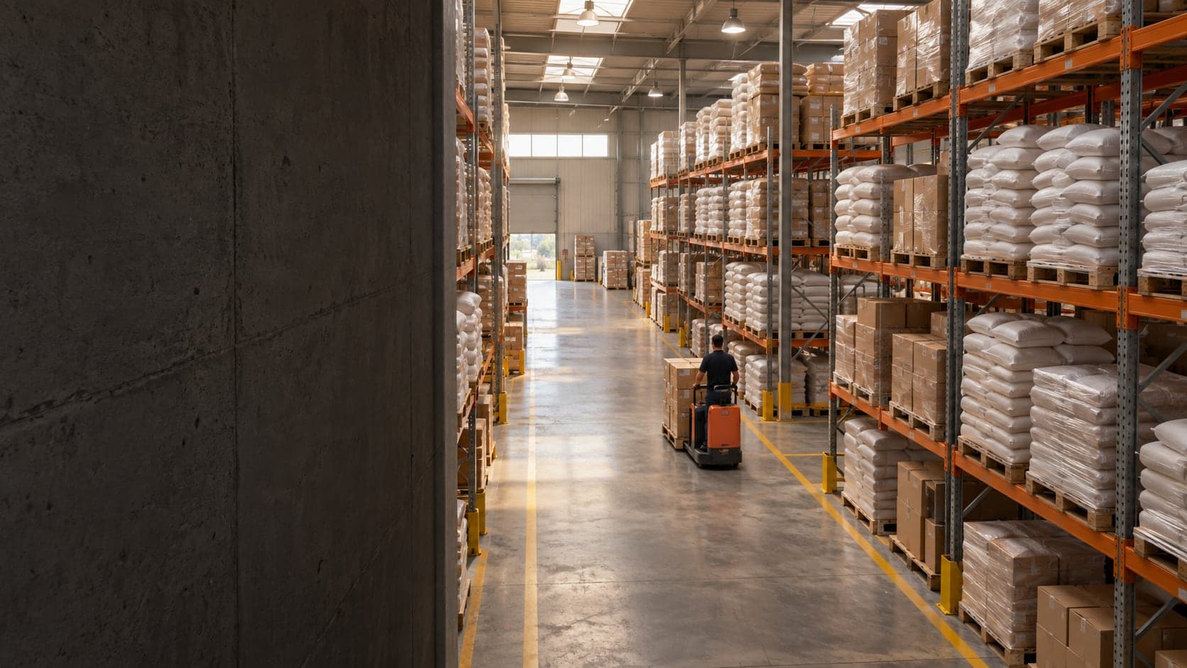 Corredor do armazém com prateleiras de sacos de farinha e caixas de produtos das marcas parceiras