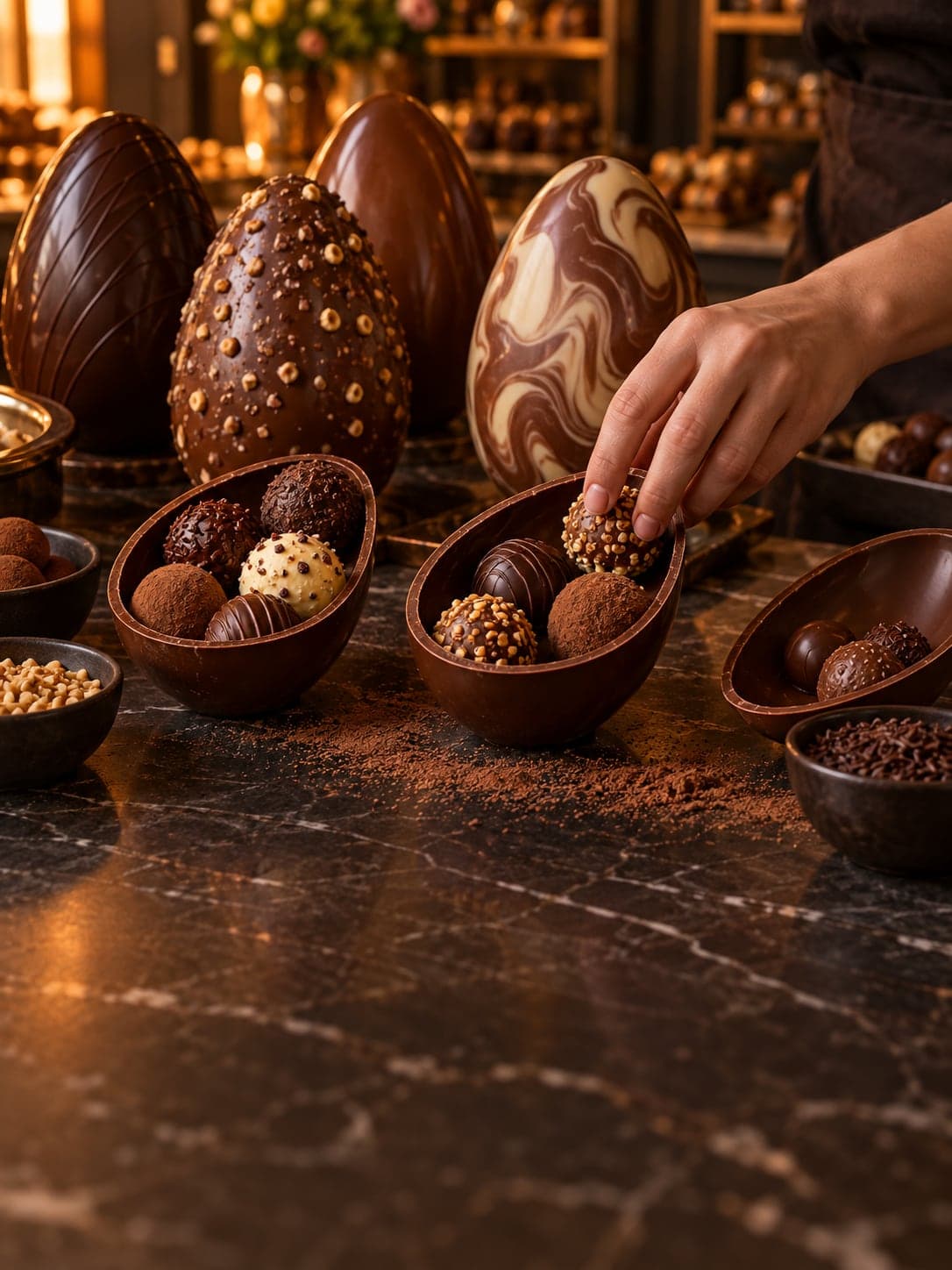 Ovos de Páscoa de chocolate e cascas recheadas com trufas e bombons sobre mármore escuro
