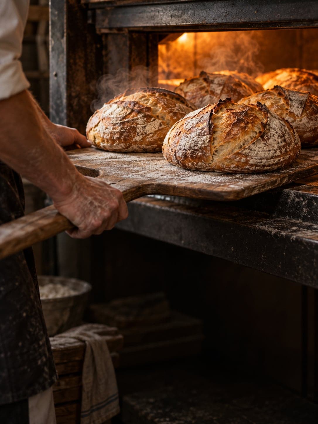Padeiro tira pães rústicos dourados do forno em uma pá de madeira, com vapor subindo